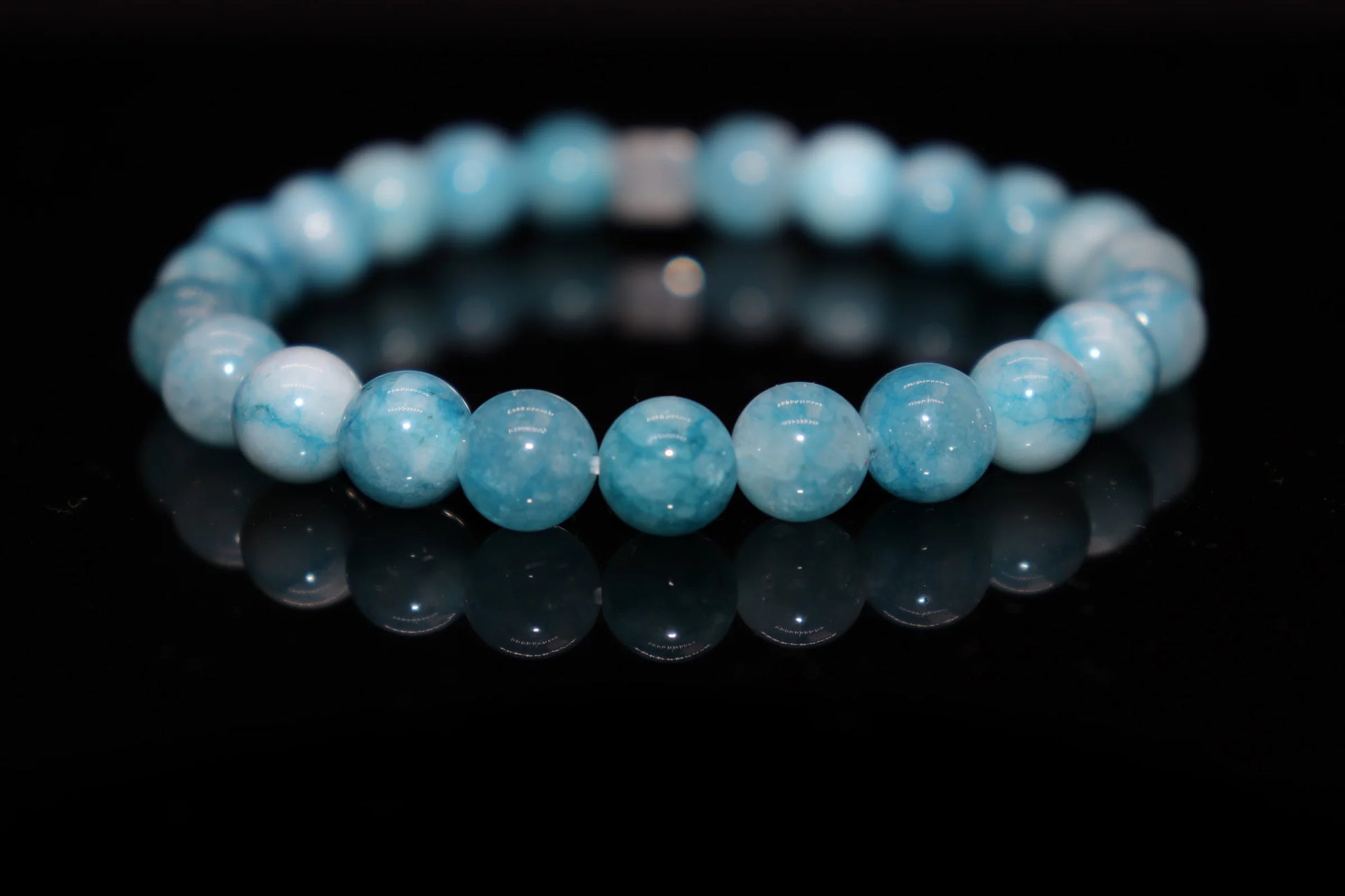 Larimar Virgin Mary mantle Christian sea protection bracelet, Victorian-era sacred stone with white wave textures symbolizing the Holy Mother's cloak