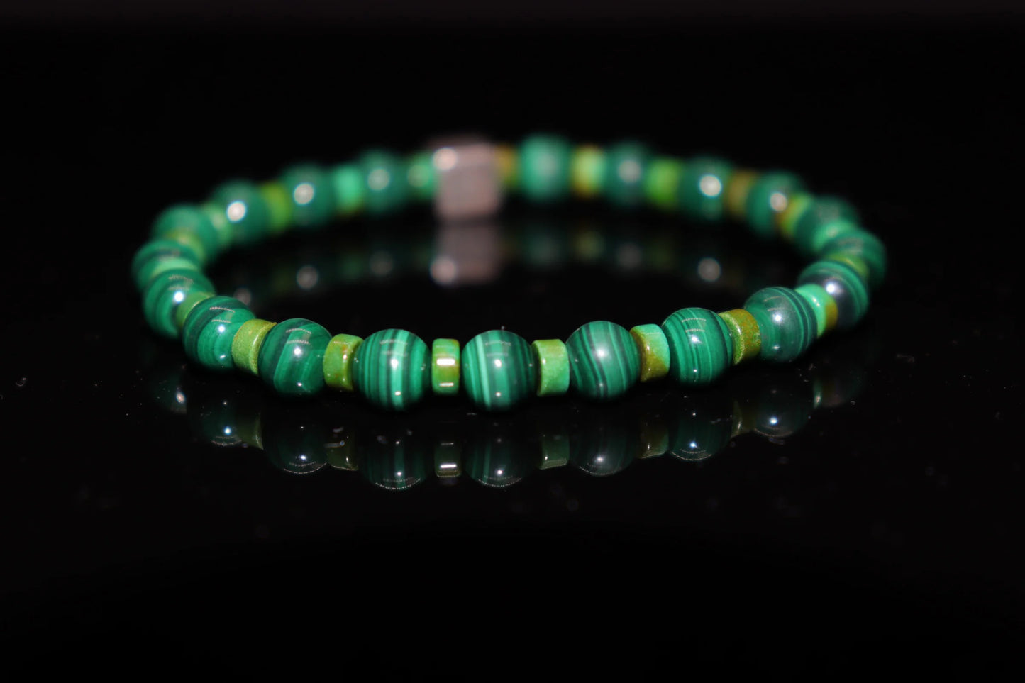 Malachite silver bracelet 4mm with natural green concentric banding patterns and sterling silver, ancient Egyptian sacred stone jewelry product photo