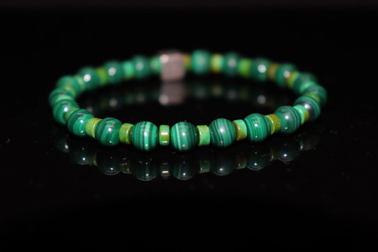 Malachite silver bracelet 4mm with natural green concentric banding patterns and sterling silver, ancient Egyptian sacred stone jewelry product photo