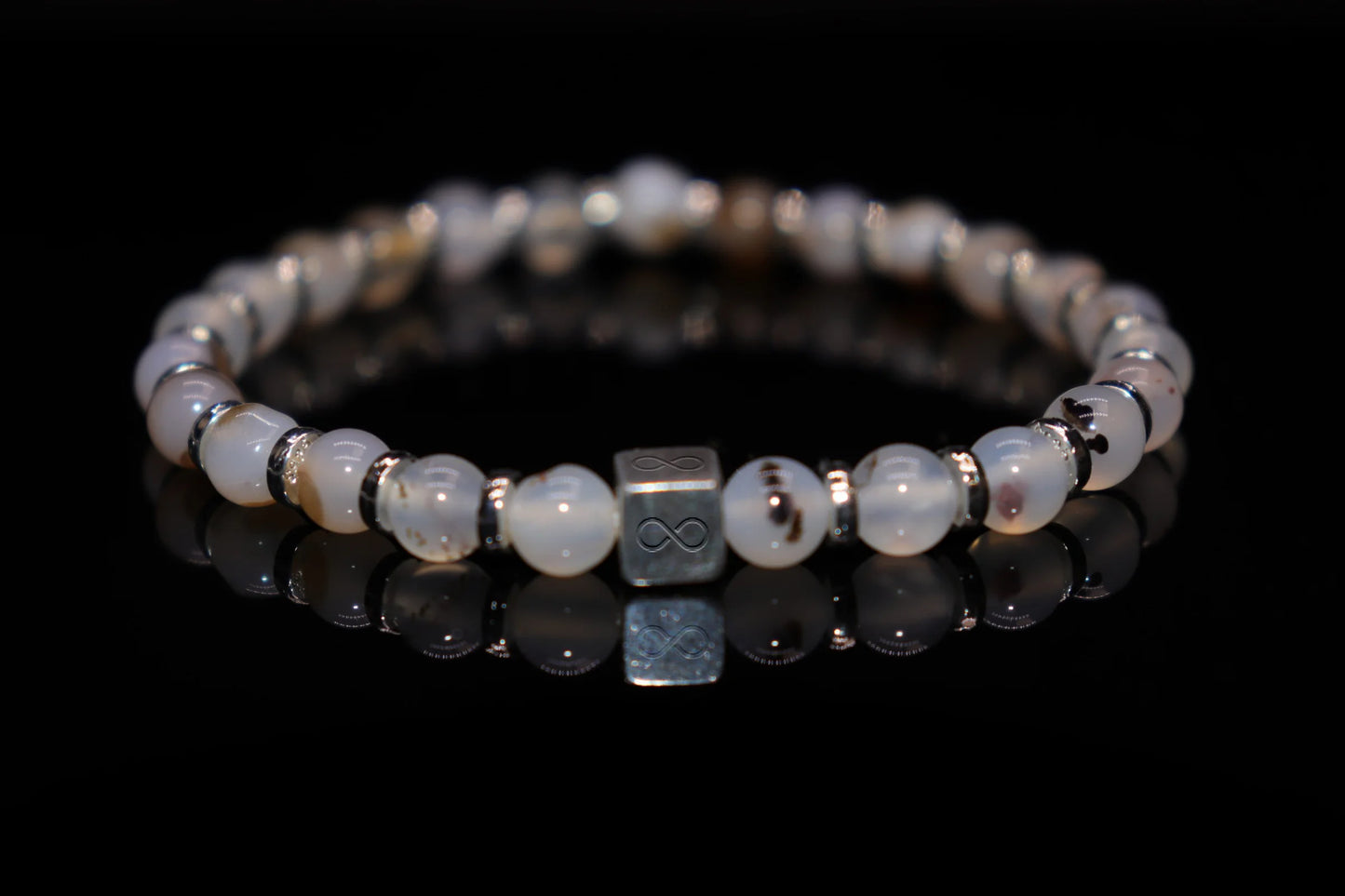 Moss agate silver bracelet 6mm with natural green moss-like dendritic inclusions, June birthstone of new life and nature jewelry product photo