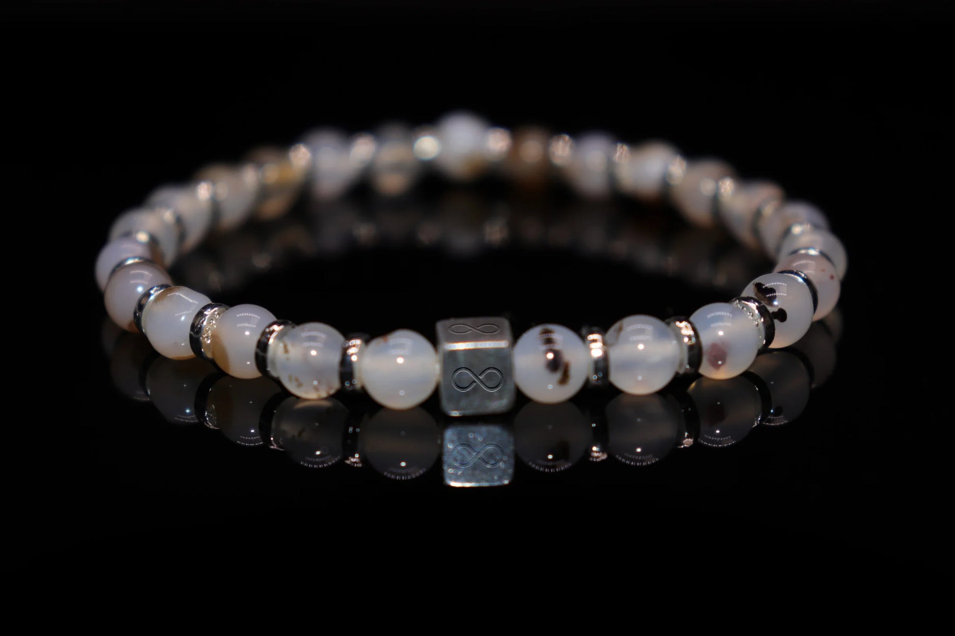 Moss agate silver bracelet 6mm with natural green moss-like dendritic inclusions, June birthstone of new life and nature jewelry product photo