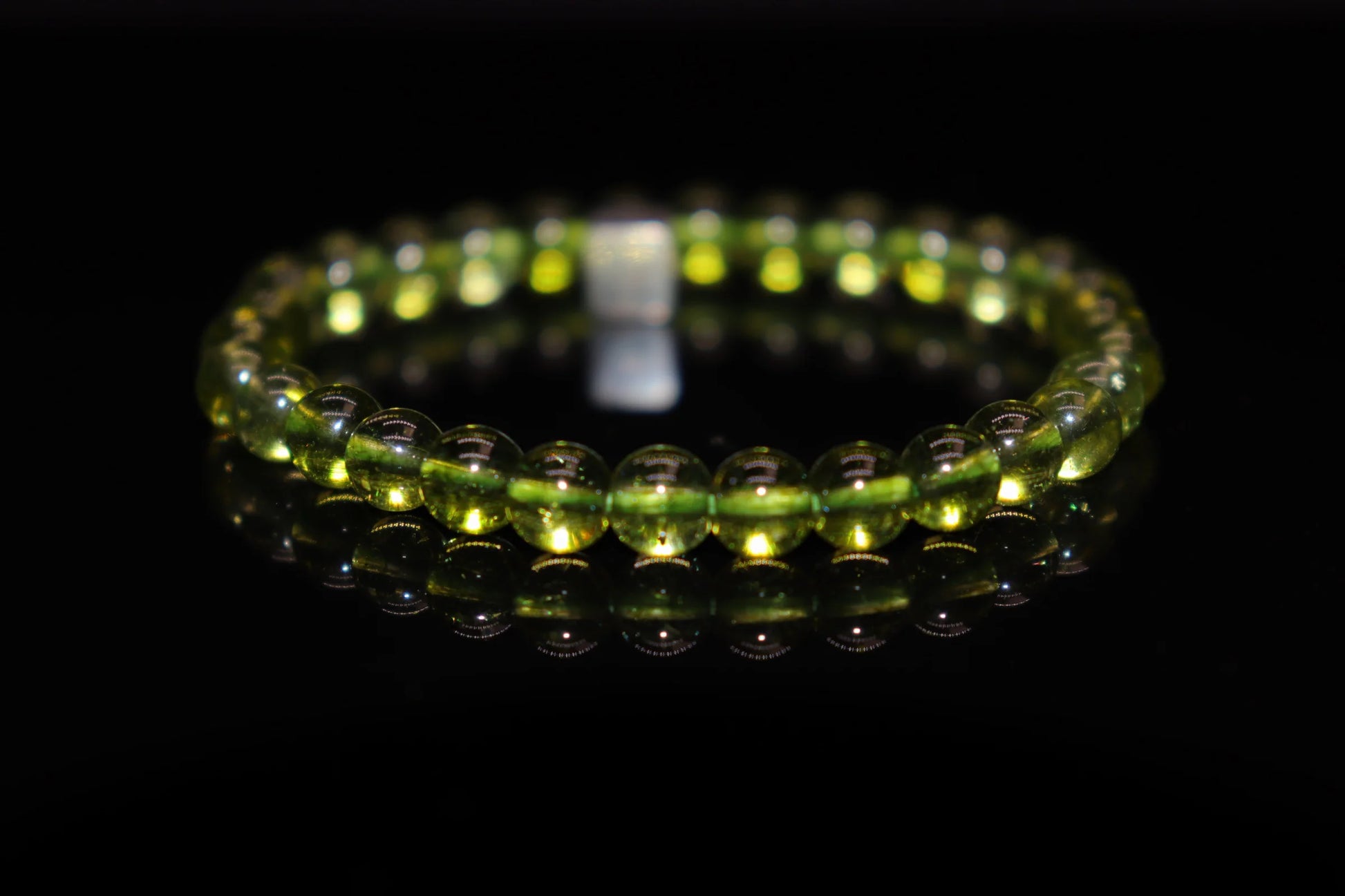 Peridot silver bracelet 6mm with vivid olive green gemstone beads, August birthstone and 16th wedding anniversary jewelry product photo