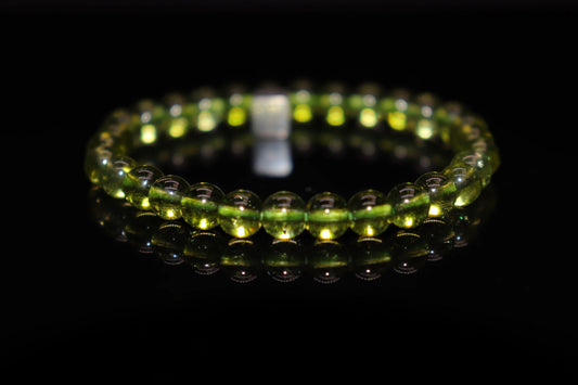 Peridot silver bracelet 6mm with vivid olive green gemstone beads, August birthstone and 16th wedding anniversary jewelry product photo