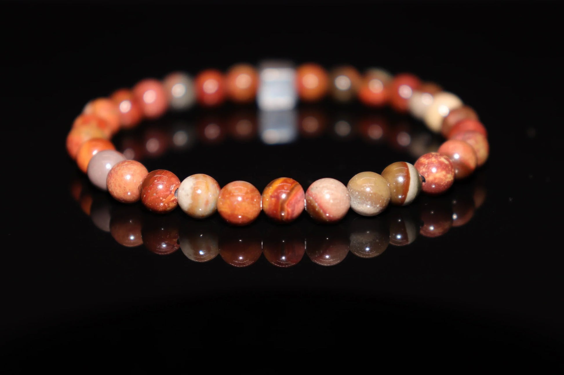 Petrified wood silver bracelet 6mm with natural fossilized ancient wood grain stone beads, prehistoric earth energy jewelry product photo