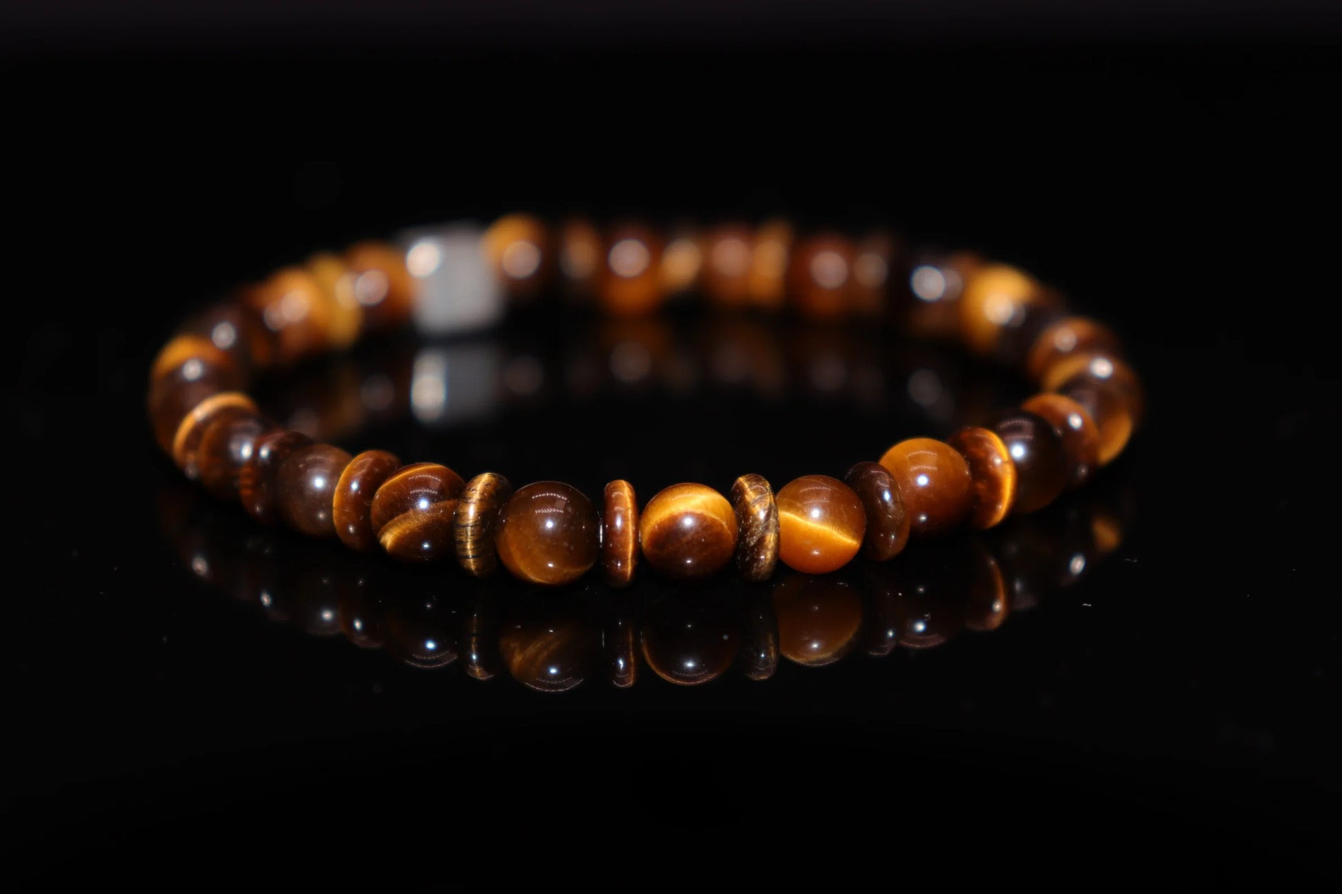 Tiger eye silver bracelet 6mm with mesmerizing golden brown chatoyancy band, courage and protection gemstone jewelry product photo