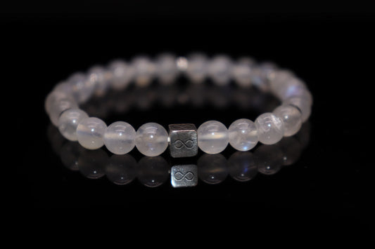 White moonstone silver bracelet 6mm with ethereal blue-white adularescent glow, solidified moonlight Roman moon goddess jewelry product photo